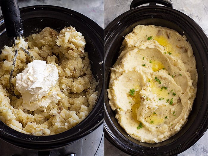 Pictures of adding sour cream to the potatoes and the finished product. 