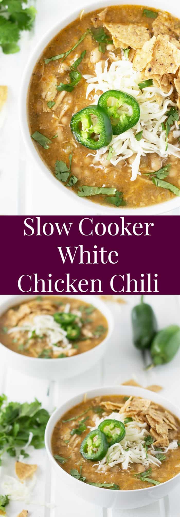 Slow Cooker White Chicken Chili with text overlay