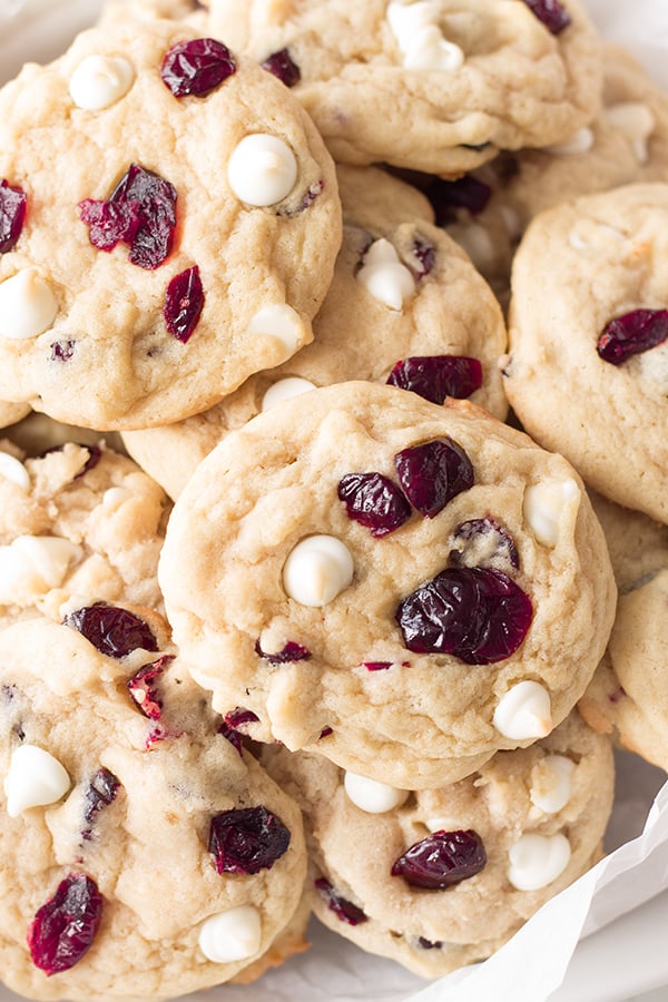 closeup of white chocolate chip cranberry cookies