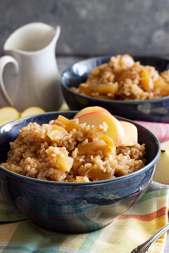 Large bowl of Slow Cooker Cinnamon Apple Breakfast Rice.