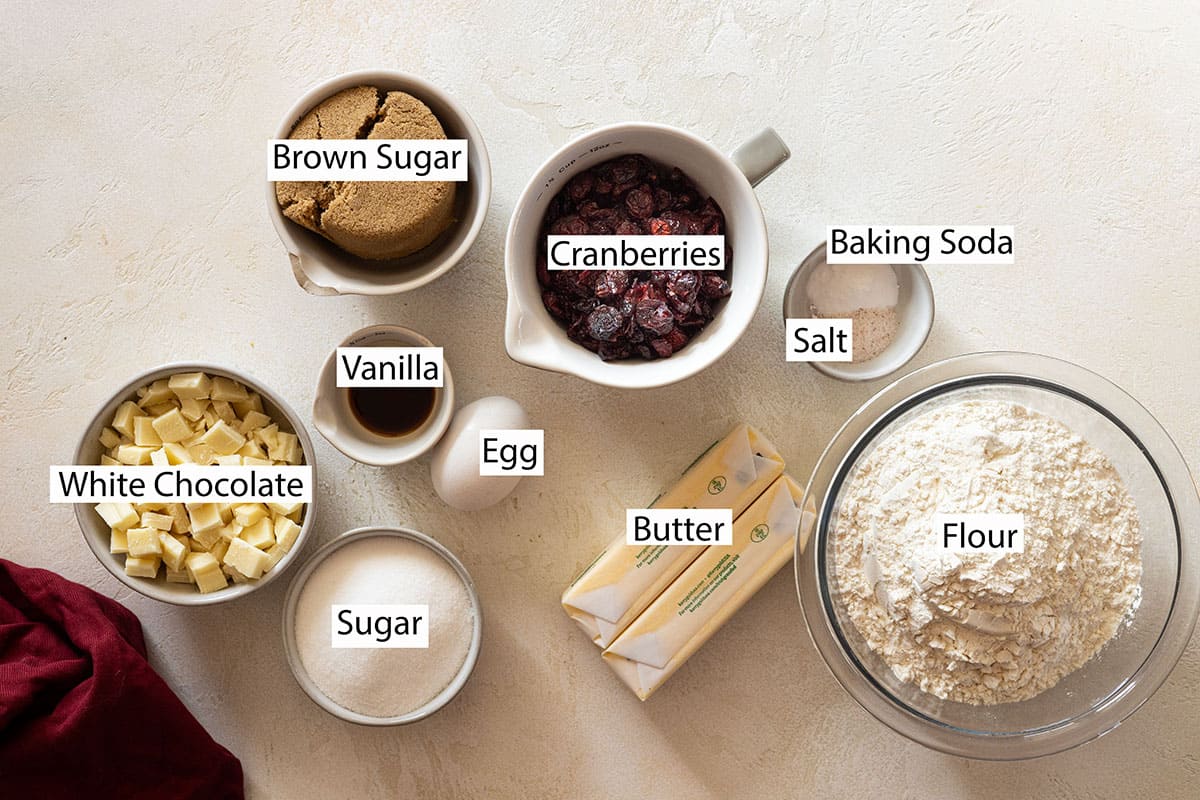 Ingredients: flour, butter, brown sugar, sugar, egg, vanilla, baking soda, salt, white chocolate, dried cranberries. 