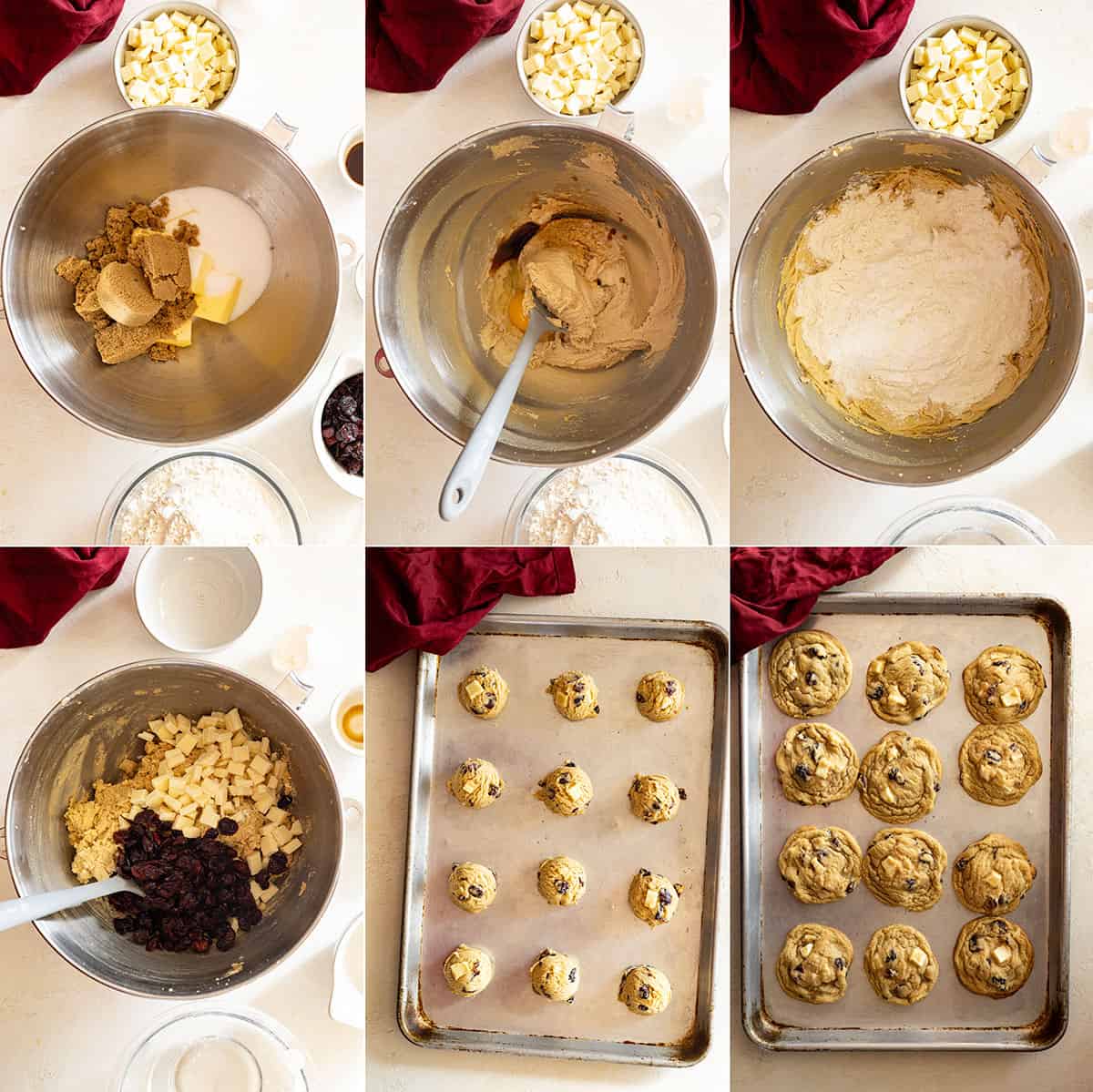 Six pictures showing how to make white chocolate chip cranberry cookies.