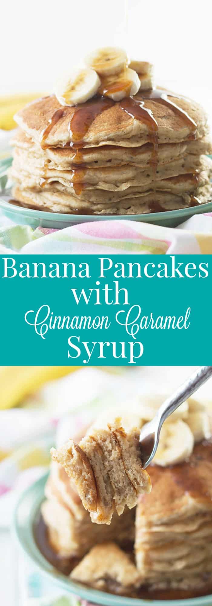 Banana Pancakes with Cinnamon Caramel Syrup -these pancakes are light, fluffy and full of banana flavor. Drizzle with the easy cinnamon caramel syrup and you have an extra special breakfast! | countrysidecravings.com