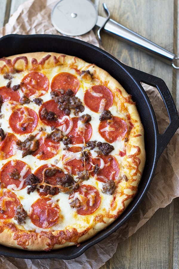 Deep Dish Three Meat Pizza -thick crust, sauce, three kinds of meat and lots of cheese!!! Need I say more?!?! | countrysidecravings.com