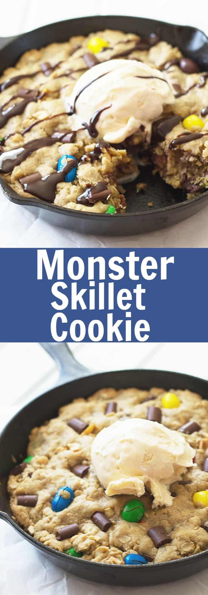 Monster Skillet Cookie -this pizookie is full of M&M's, chocolate chunks, peanuts and all wrapped up in an ooey gooey cookie! | countrysidecravings.com