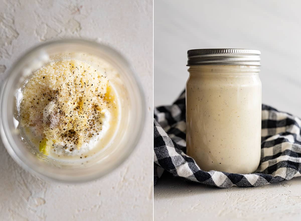 Two pictures showing how to mix up the dressing. 
