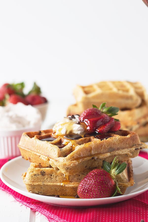 Strawberry Chocolate Chip Waffles -these easy waffles are great for a special breakfast in bed! | countrysidecravings.com
