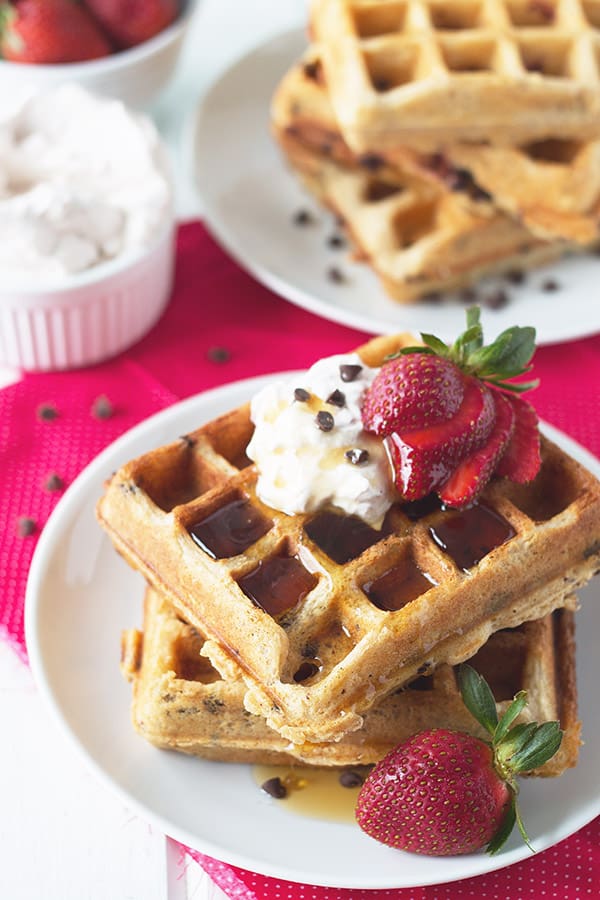 Strawberry Chocolate Chip Waffles -these easy waffles are great for a special breakfast in bed! | countrysidecravings.com