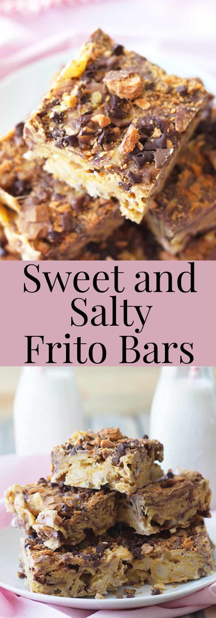 two photos of frito dessert bars with chocolate chips stacked on a white plate, bisected by text overlay