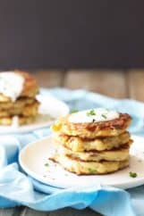 Easy Potato Scallion Pancakes -these Irish potato pancakes are made easy using leftover mashed potatoes and frozen hashbrowns. | www.countrysidecravings.com