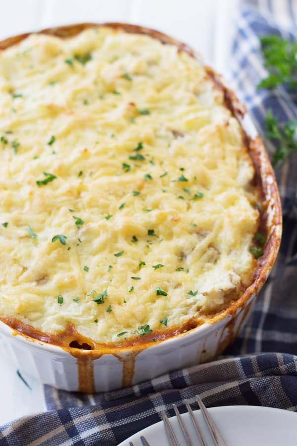 shepherd's pie in a casserole dish with slightly browned mashed potatoes