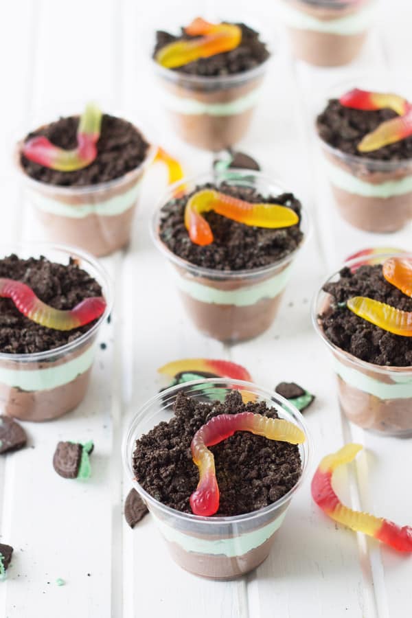 St. Patrick's Day Dirt and Worm Cups -a simple and easy dessert recipe to do with the kids on St. Patrick's Day! | www.countrysidecravings.com