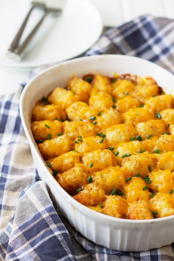 chili cheese tater tot casserole in a dish