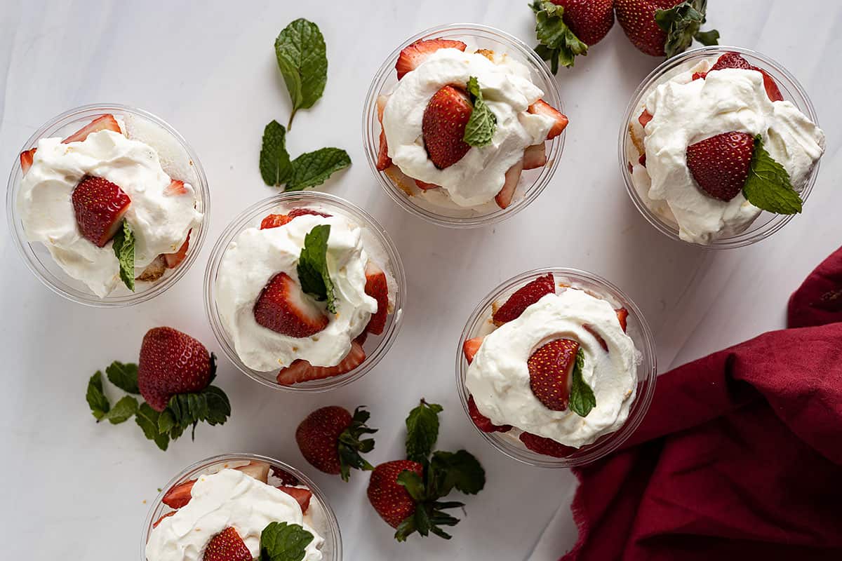 Overhead view of completed shortcake cups. 