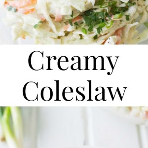 Two images of shredded cabbage coleslaw on white plate with text overlay.