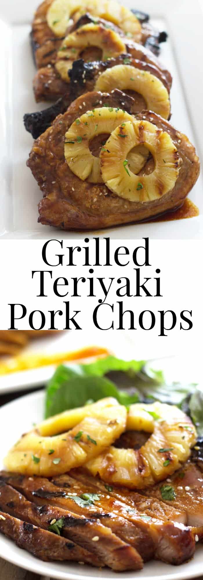 Pork chops marinated in a simple homemade teriyaki sauce then grilled alongside pineapple slices