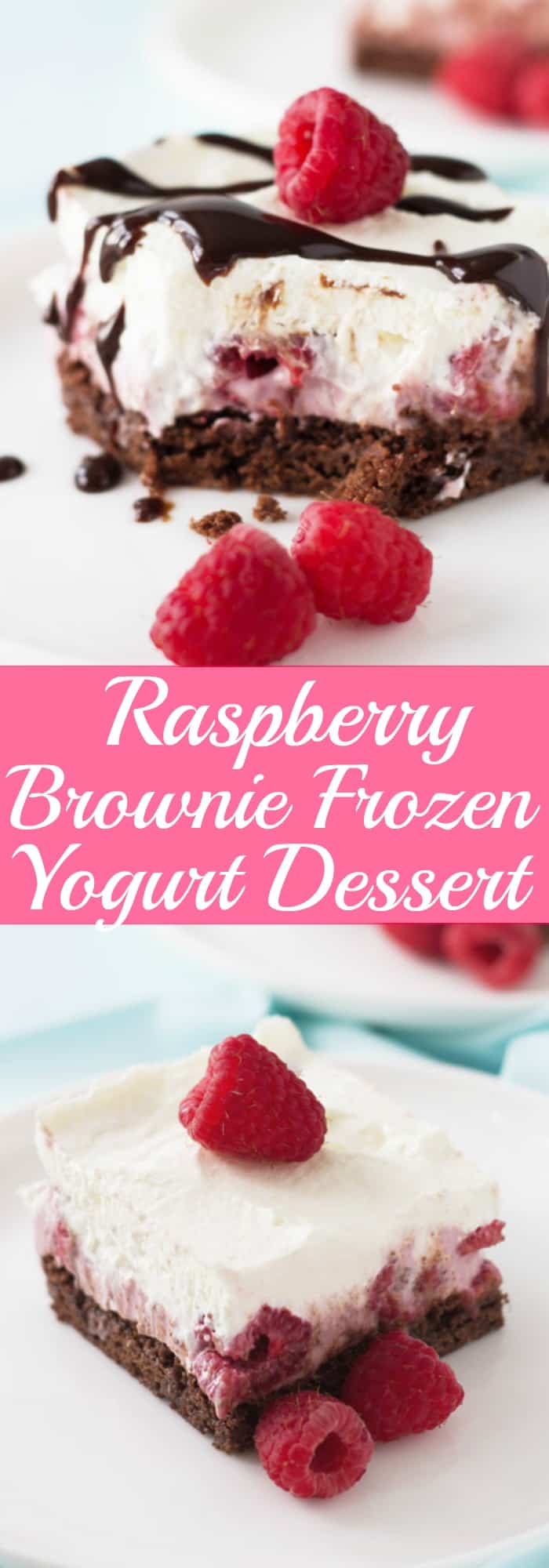 Raspberry Brownie Frozen Yogurt Dessert will cool you off this summer with a chewy chocolate brownie base and smooth, creamy and cool raspberry yogurt and whipped cream! 