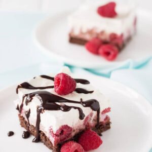 Raspberry Brownie Frozen Yogurt Dessert will cool you off this summer with a chewy chocolate brownie base and smooth, creamy and cool raspberry yogurt and whipped cream! | www.countrysidecravings.com