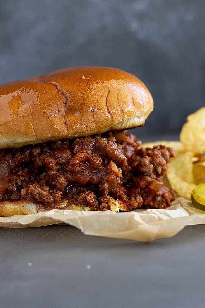 Close up of a sloppy joe.