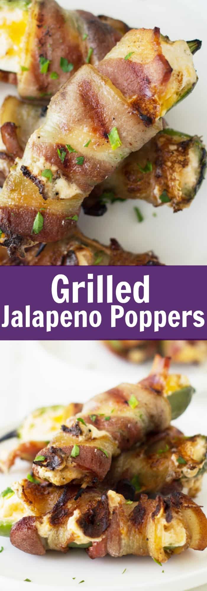 Grilled Jalapeno Poppers filled with a creamy cheese mixture, wrapped in smokey bacon, then grilled until the cheese becomes nice and gooey