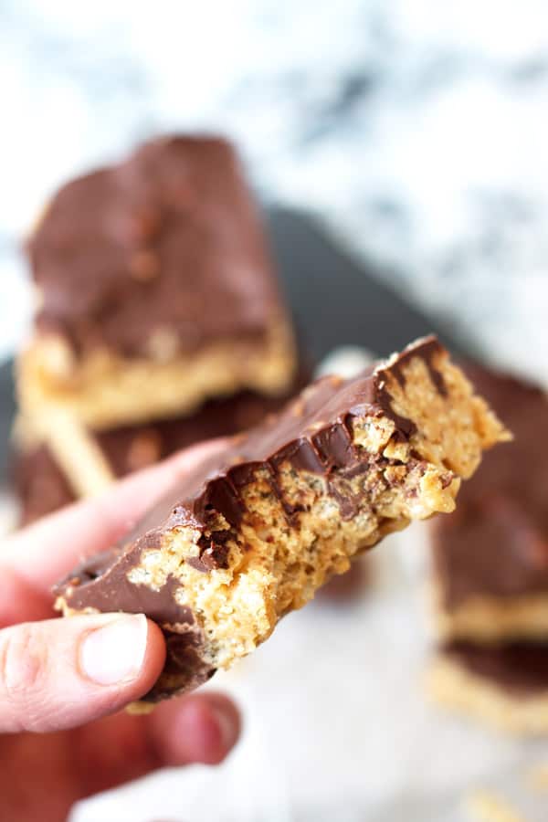 peanut butter cup rice krispie treat with chocolate topping