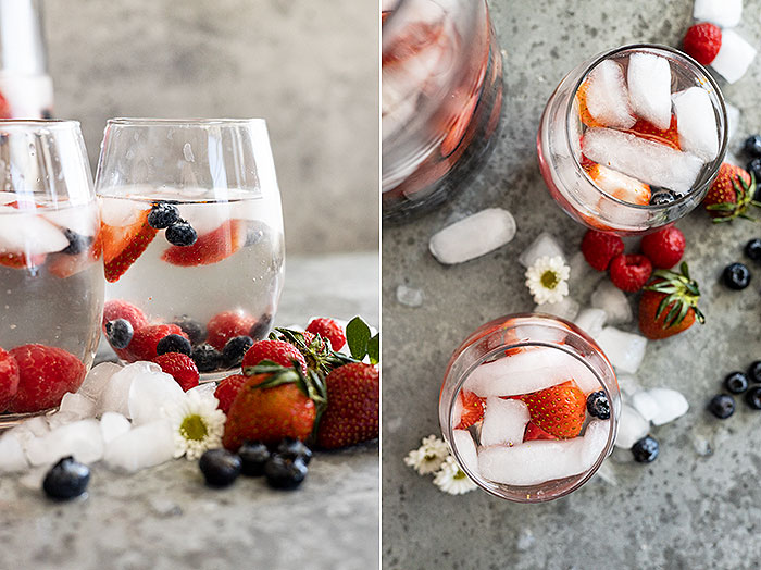 Two pictures showing glasses of sangria with ice and fresh fruit around the glasses.