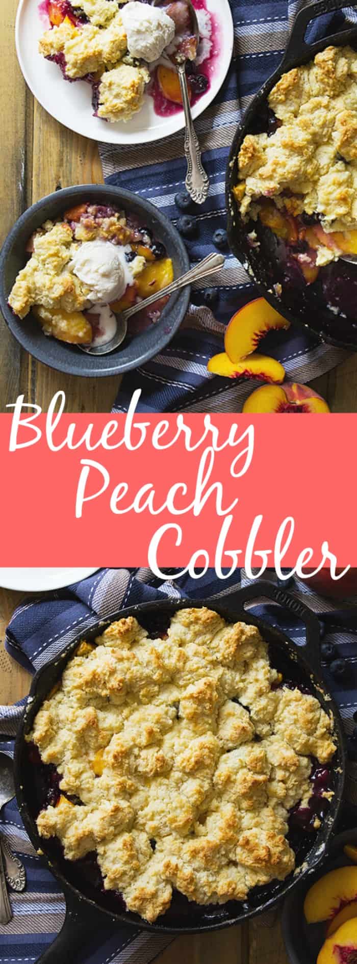 Blueberry Peach Cobbler -an easy recipe made with fresh peaches and blueberries baked beneath a fluffy biscuit topping! | www.countrysidecravings.com