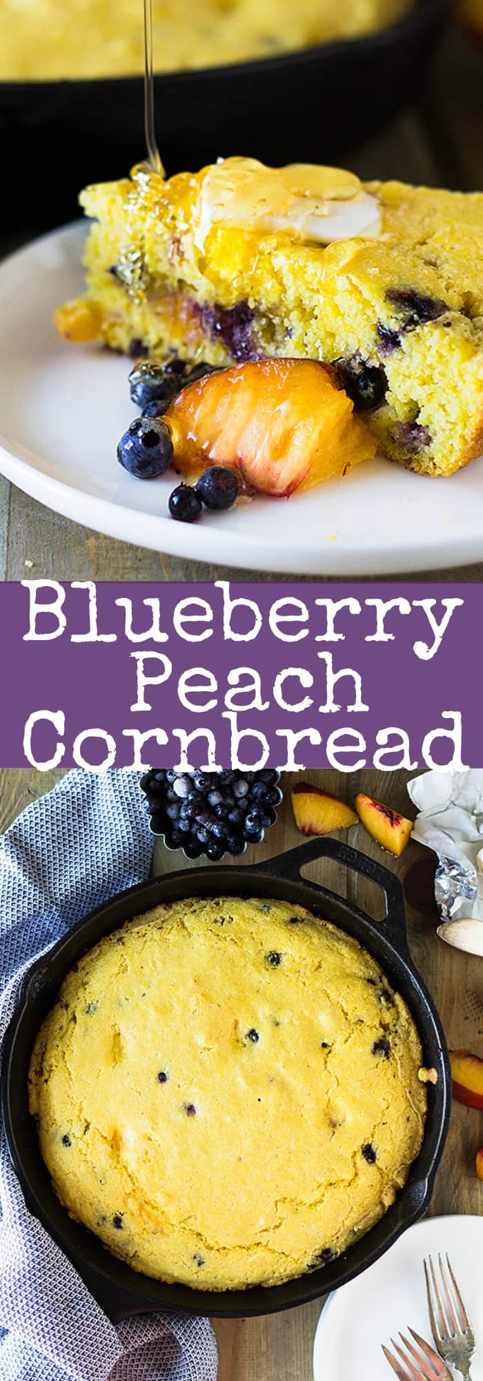 Blueberry Peach Cornbread made with buttermilk, studded with fresh blueberries and peaches will be your new favorite breakfast treat! | www.countrysidecravings.com