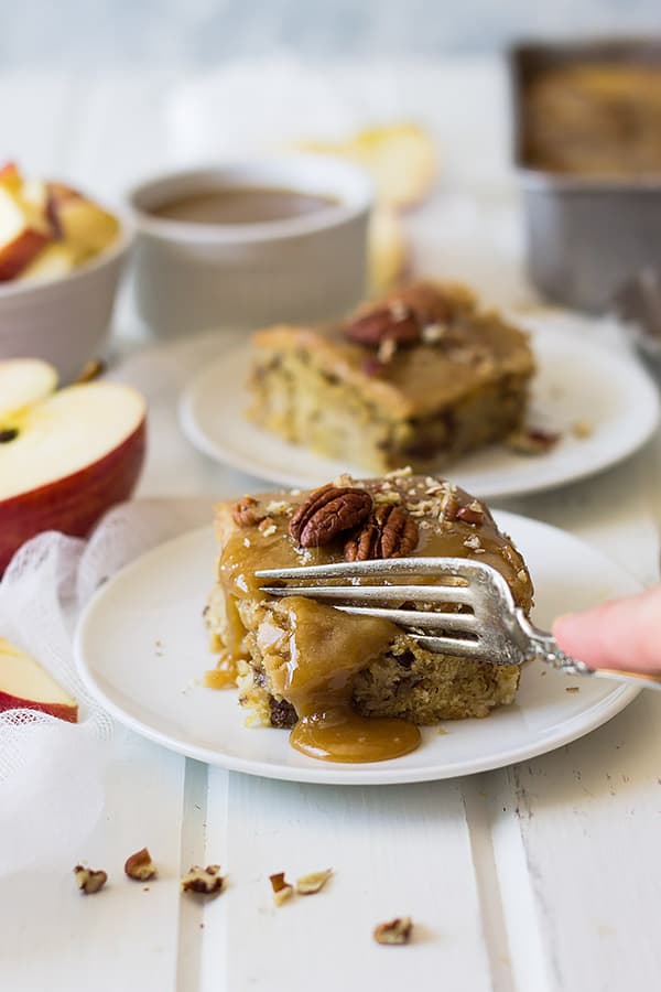 This Caramel Apple Pecan Cake is filled with tender apples, crunchy pecans and topped with a luscious caramel frosting! | www.countrysidecravings.com