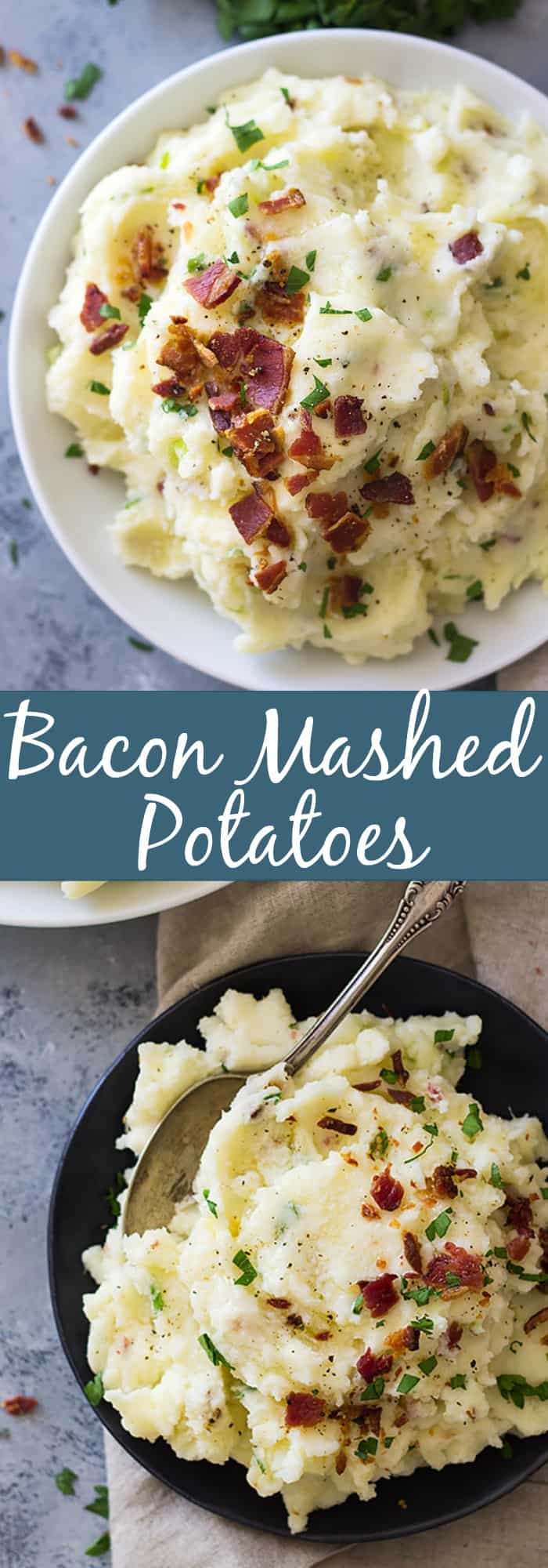 Bacon Mashed Potatoes are creamy, fluffy and full of flavor! Studded with crispy bacon, green onions and made ultra decadent with a little cream cheese. | www.countrysidecravings.com
