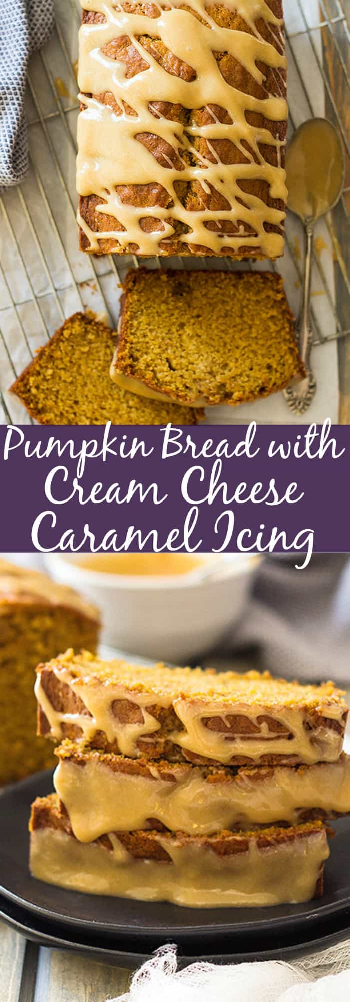This Pumpkin Bread with Cream Cheese Caramel Icing is super easy to make! It's moist, tender, full of pumpkin and spice. But the best part is the super easy cream cheese caramel icing!! | www.countrysidecravings.com