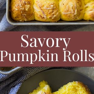 Baking pan of savory pumpkin rolls and plate with roll