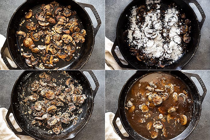Four pictures showing how to make easy mushroom gravy. 