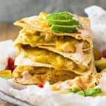 Use leftover turkey (or chicken) to make these Green Chile Turkey Quesadillas. Filled with gooey cheese, zesty green chilies and toasted in a crispy tortilla! | www.countrysidecravings.com
