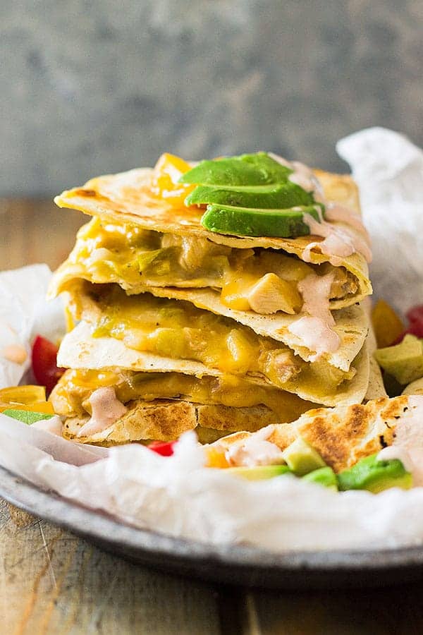 Use leftover turkey (or chicken) to make these Green Chile Turkey Quesadillas. Filled with gooey cheese, zesty green chilies and toasted in a crispy tortilla! | www.countrysidecravings.com