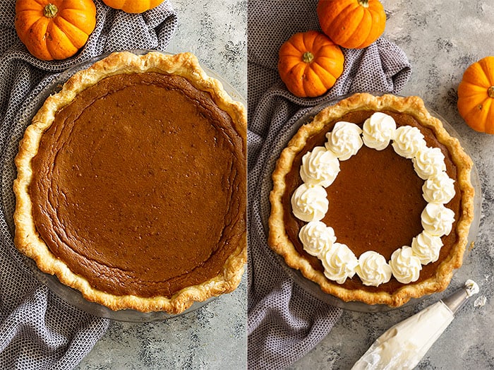 Two pictures of traditional pumpkin pie showing how to use whipped cream to cover up cracks in the pie. 