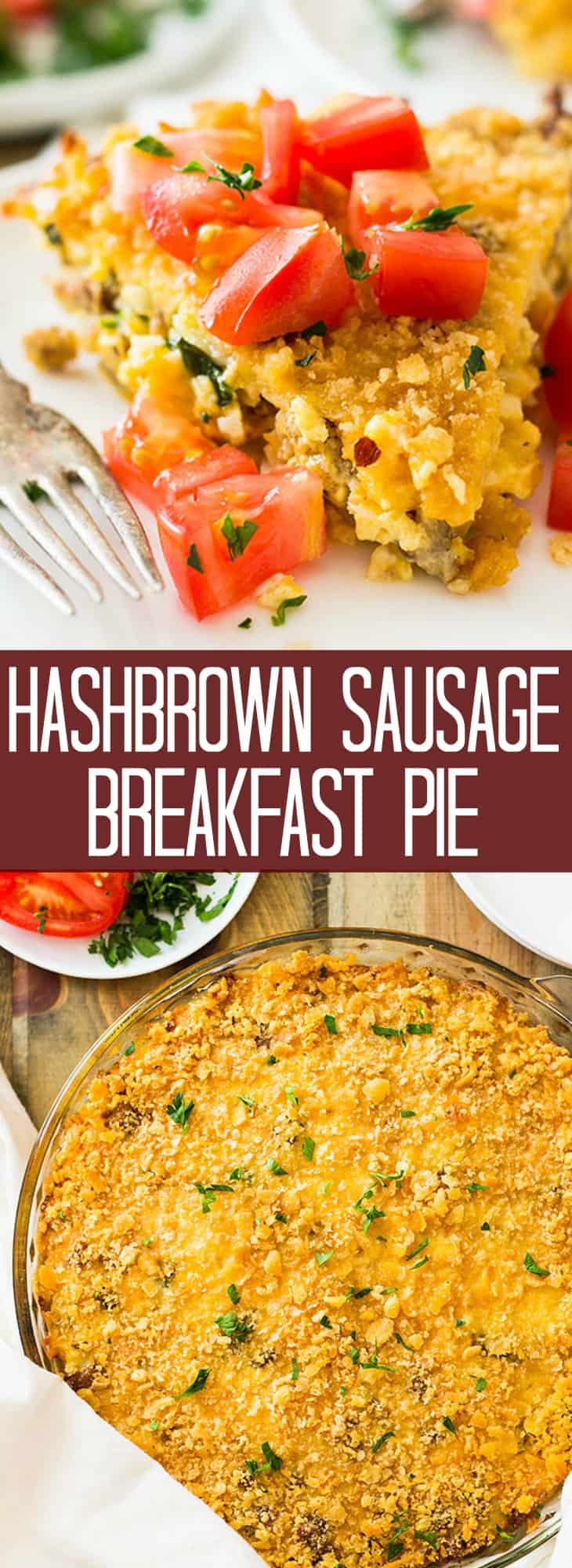 This Hashbrown Sausage Breakfast Pie is filled to the top with breakfast sausage, hashbrowns, 2 cheeses, garlic and a special topping! | www.countrysidecravings.com