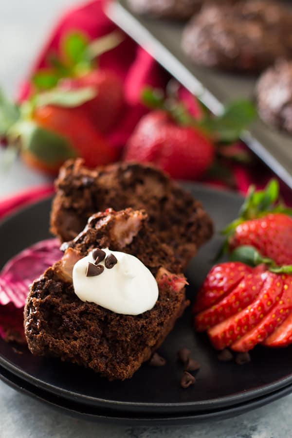 These Double Chocolate Strawberry Muffins are moist, tender, filled with strawberry chunks and oh so chocolatey! | www.countrysidecravings.com