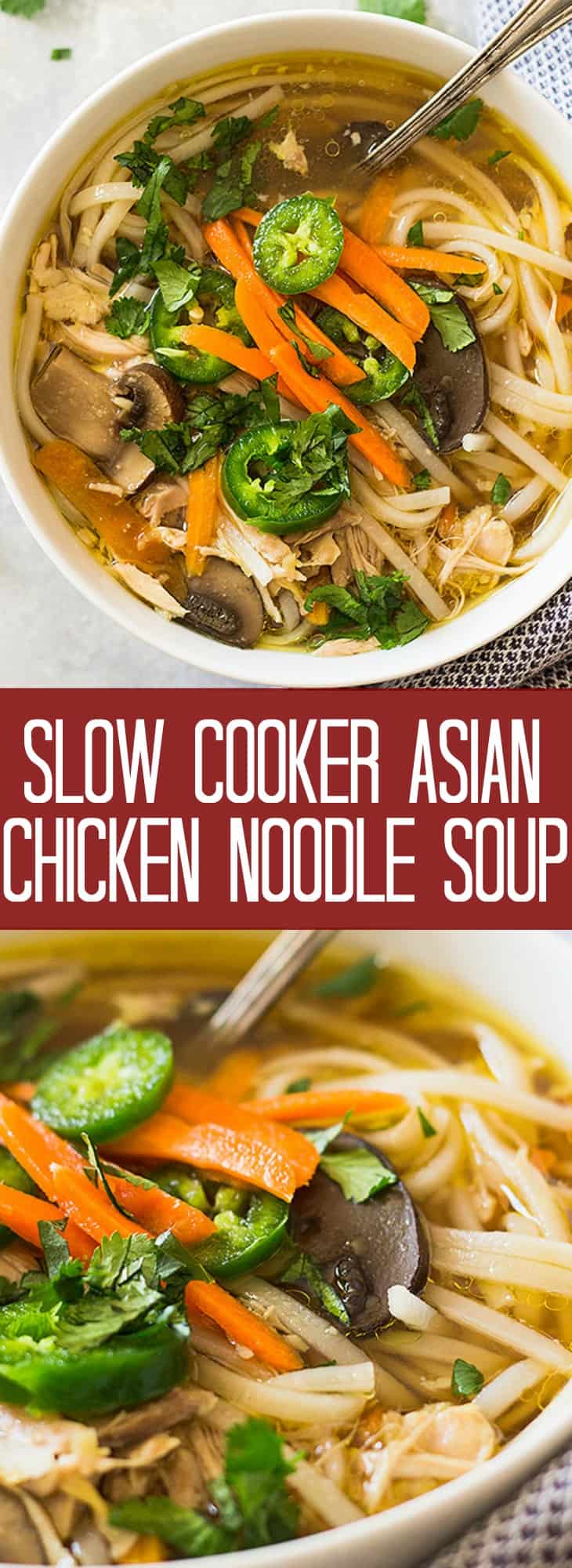 This Slow Cooker Asian Chicken Noodle Soup puts a twist on the classic. With a flavorful broth, mushrooms, ginger, garlic and noodles! | www.countrysidecravings.com