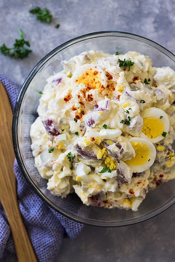 Top view of potato salad with eggs