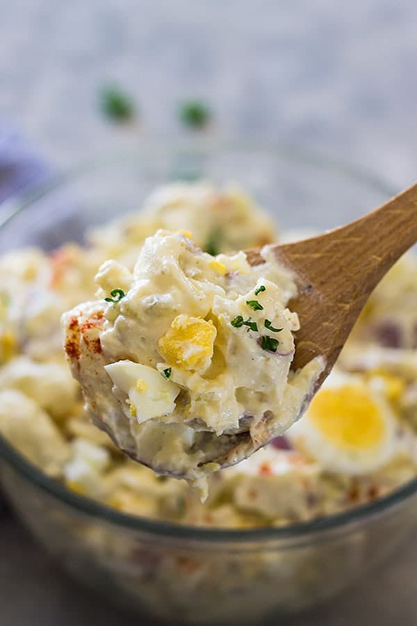 Potato salad on spoon