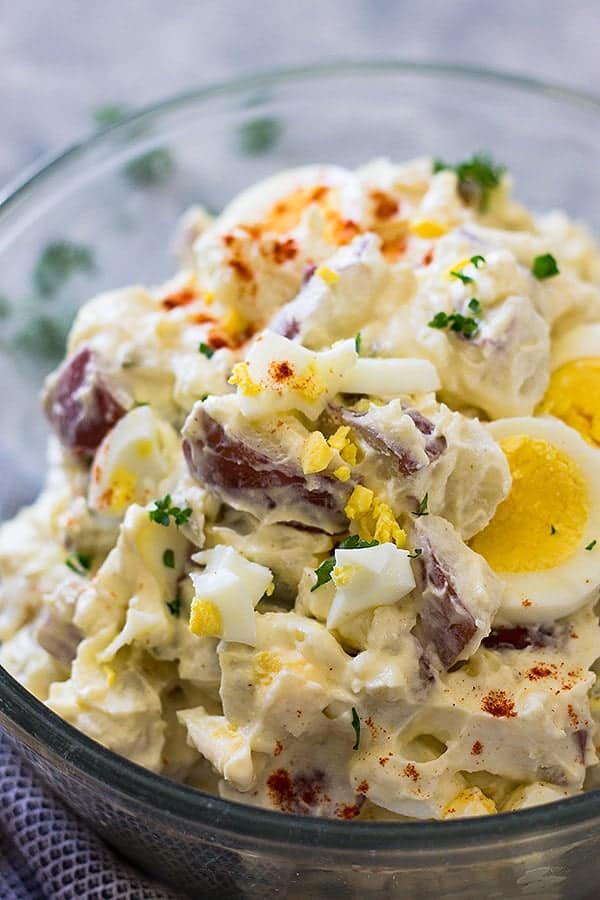 Potato salad in clear bowl