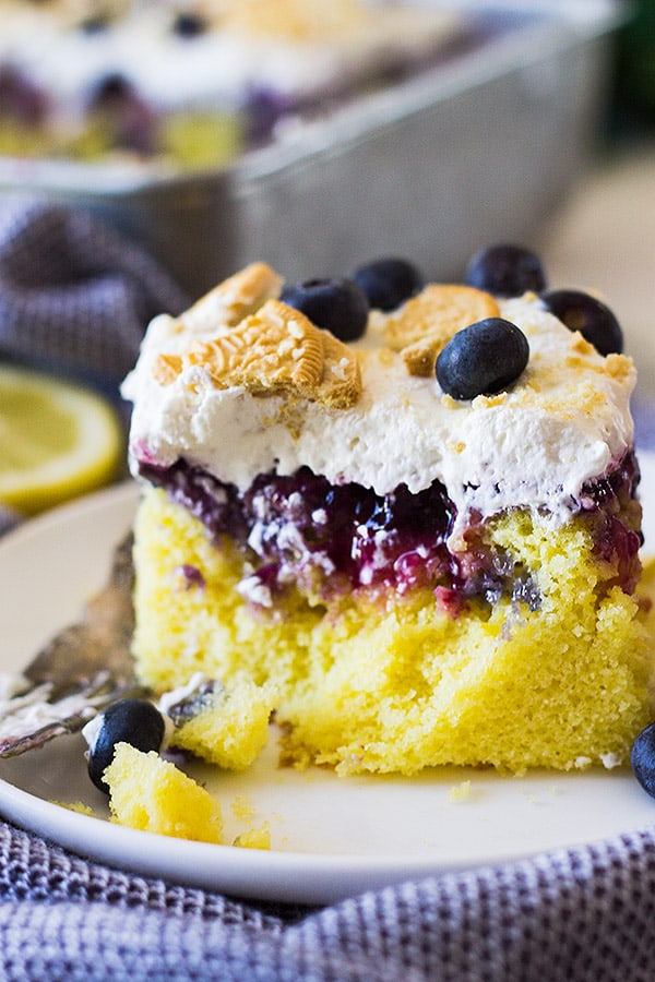 This Lemon Blueberry Cake is make with a lemon cake then soaked in lemon curd and a blueberry syrup! 