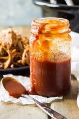 Texas style BBQ sauce in jar with spoon
