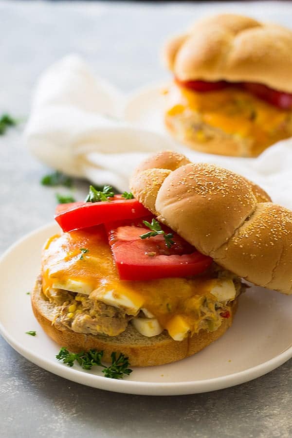 Close up shot of sandwich with hamburger bun, sliced tomato, and cheese on white plate.