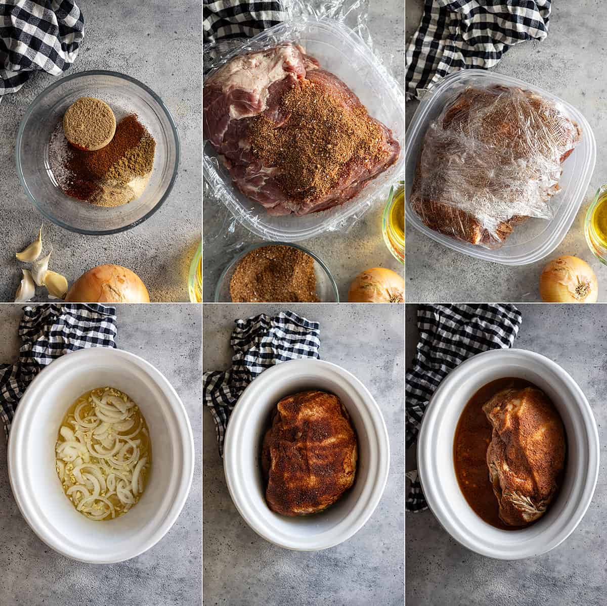 Six pictures showing how to make this pulled pork recipe.