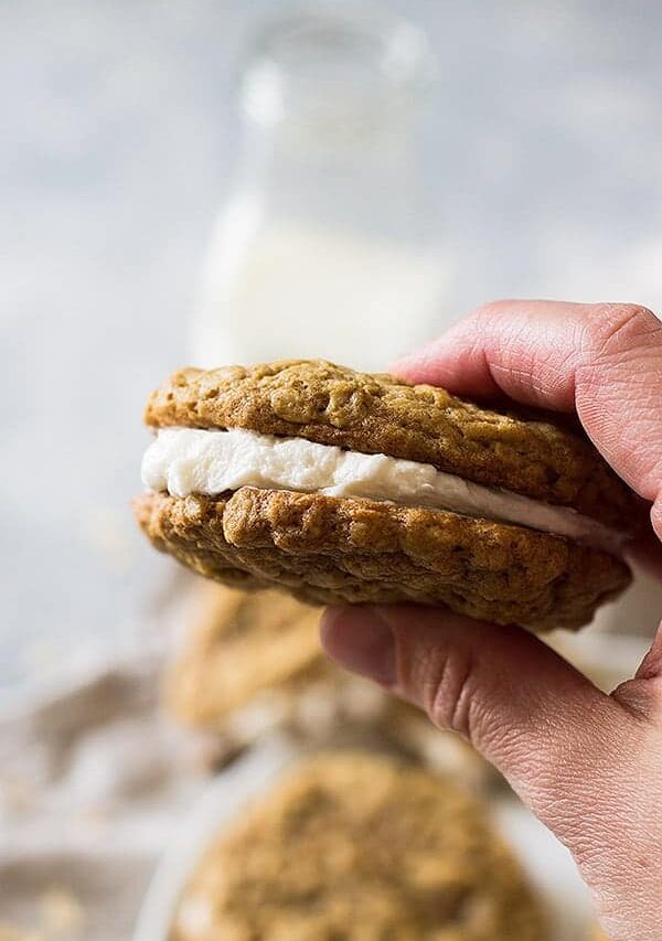 These Homemade Oatmeal Cream Pies are filled with a delicious vanilla frosting sandwiched between two soft oatmeal cookies. Way better than the original, I promise!