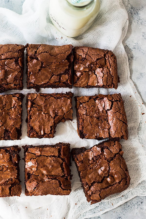 Top down view of brownies cut into squares. 