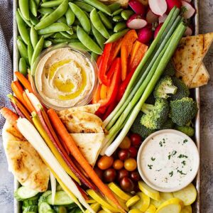 Overhead view of a beautiful vegetable tray! Complete with homemade ranch!