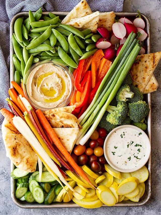Overhead view of a beautiful vegetable tray! Complete with homemade ranch!
